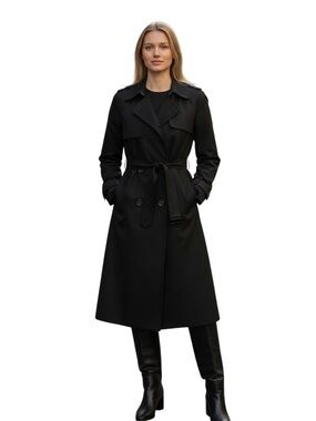 Black Double-Breasted Womens Trench Coat With Belt Shoulder Epaulettes & Button